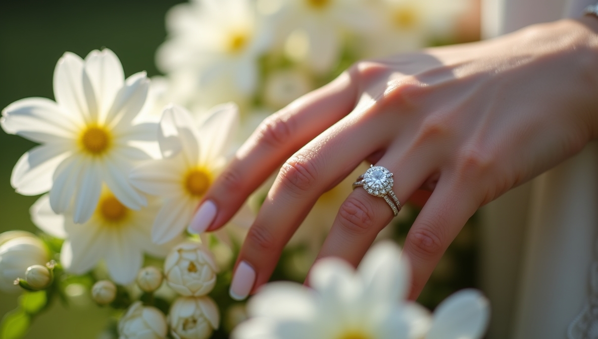 A hand wearing a sustainable lab-grown diamond engagement ring