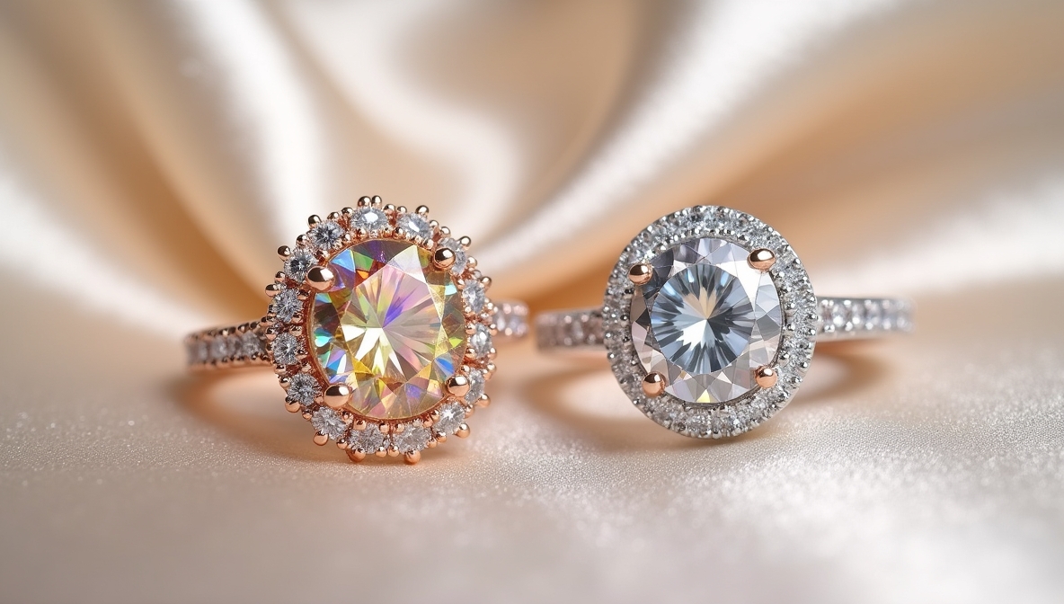 A close-up of a moissanite ring and a lab-grown diamond ring placed side by side.